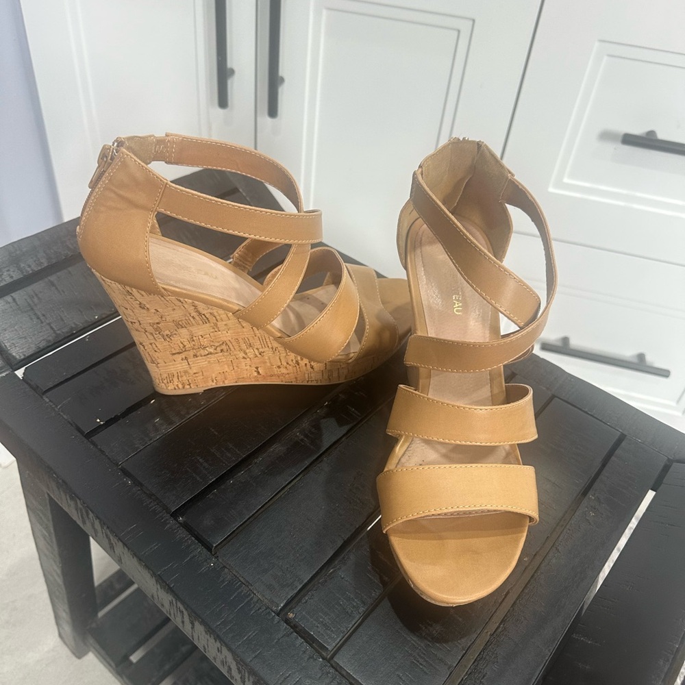 le chateau Tan Cork Wedge Strappy Sandals